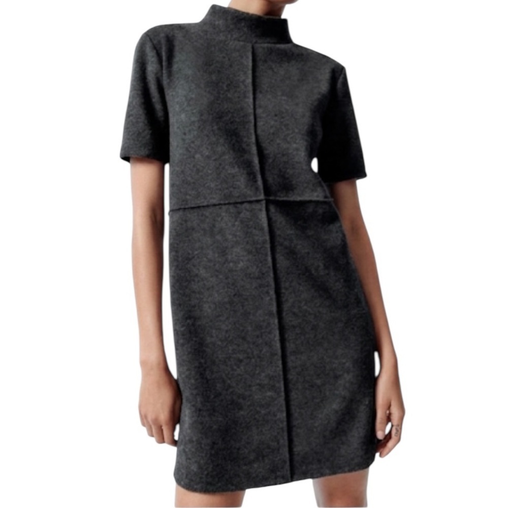 NWT Zara Short Sleeve Exposed Seamed Mini Sweater Dress Gray Size S